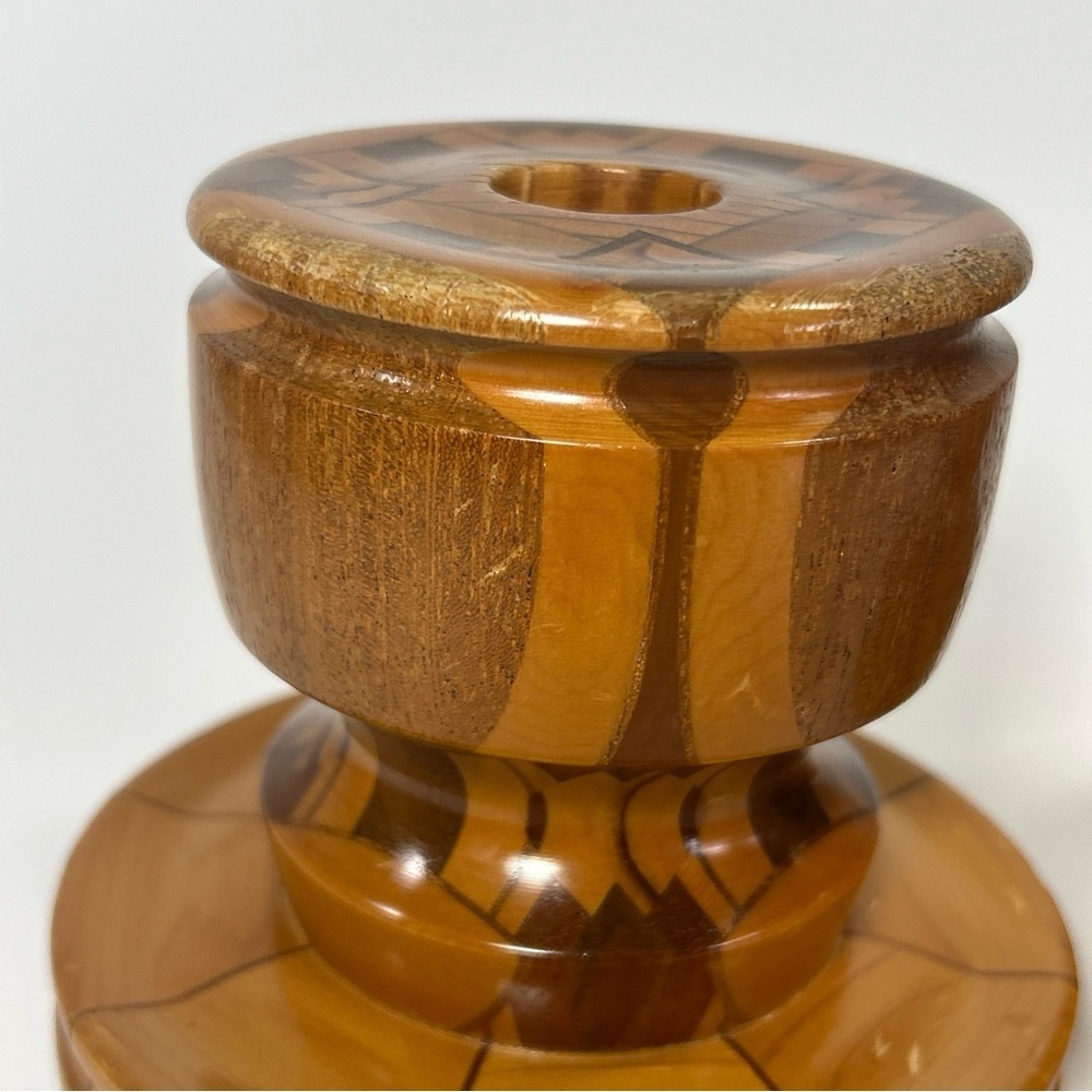 Hand turned wooden candle stick holders lacquered signed - Picture 7 of 13